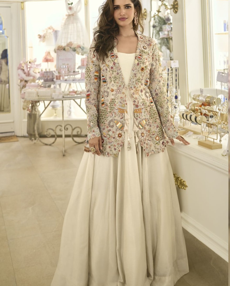 WHITE - Cream Silk Embroidered Work Designer Gown for Ceremonial